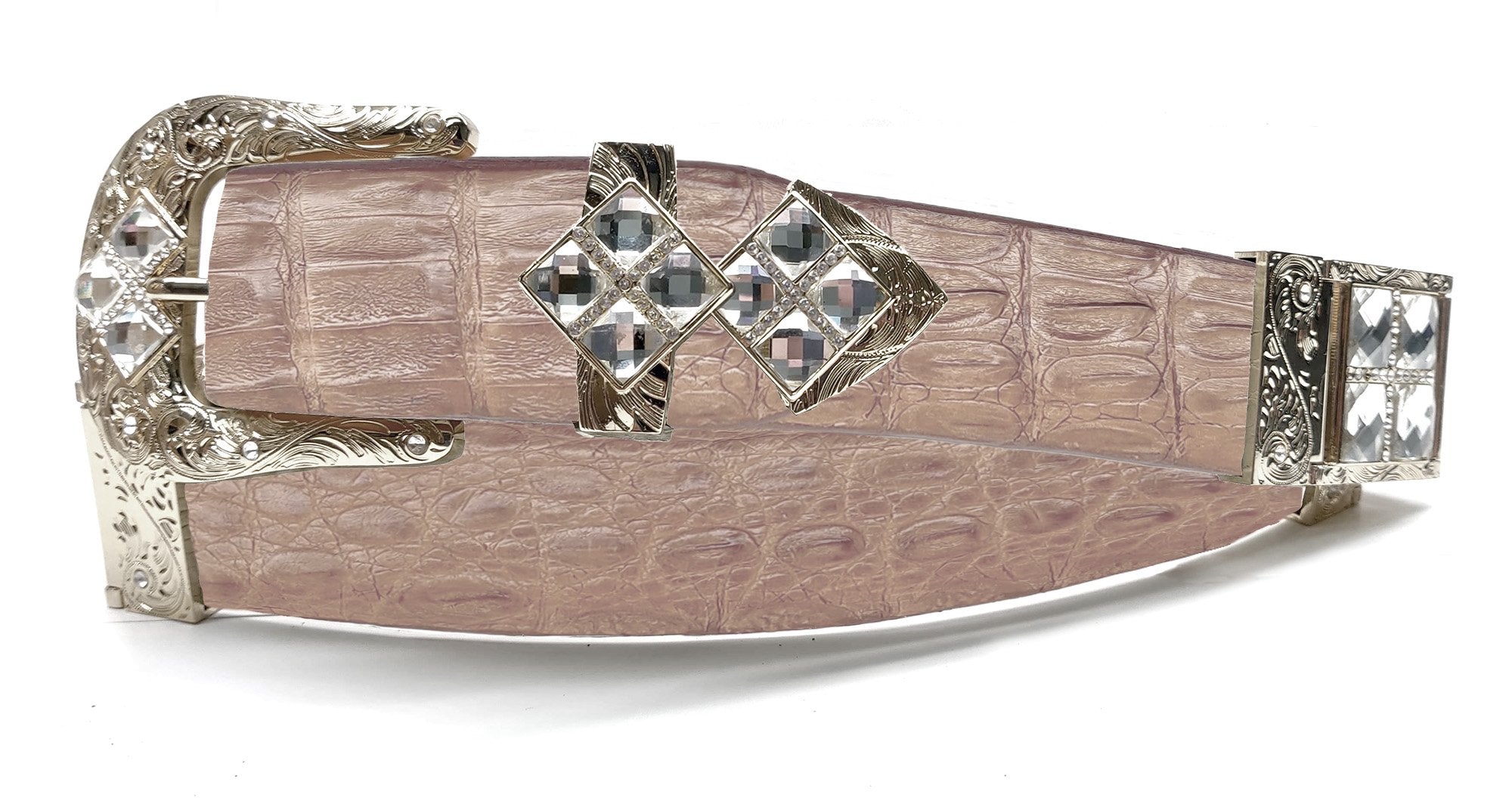 RRango Unisex Silver Tone 4 White Stones Design Caiman Hornback Custom Belt