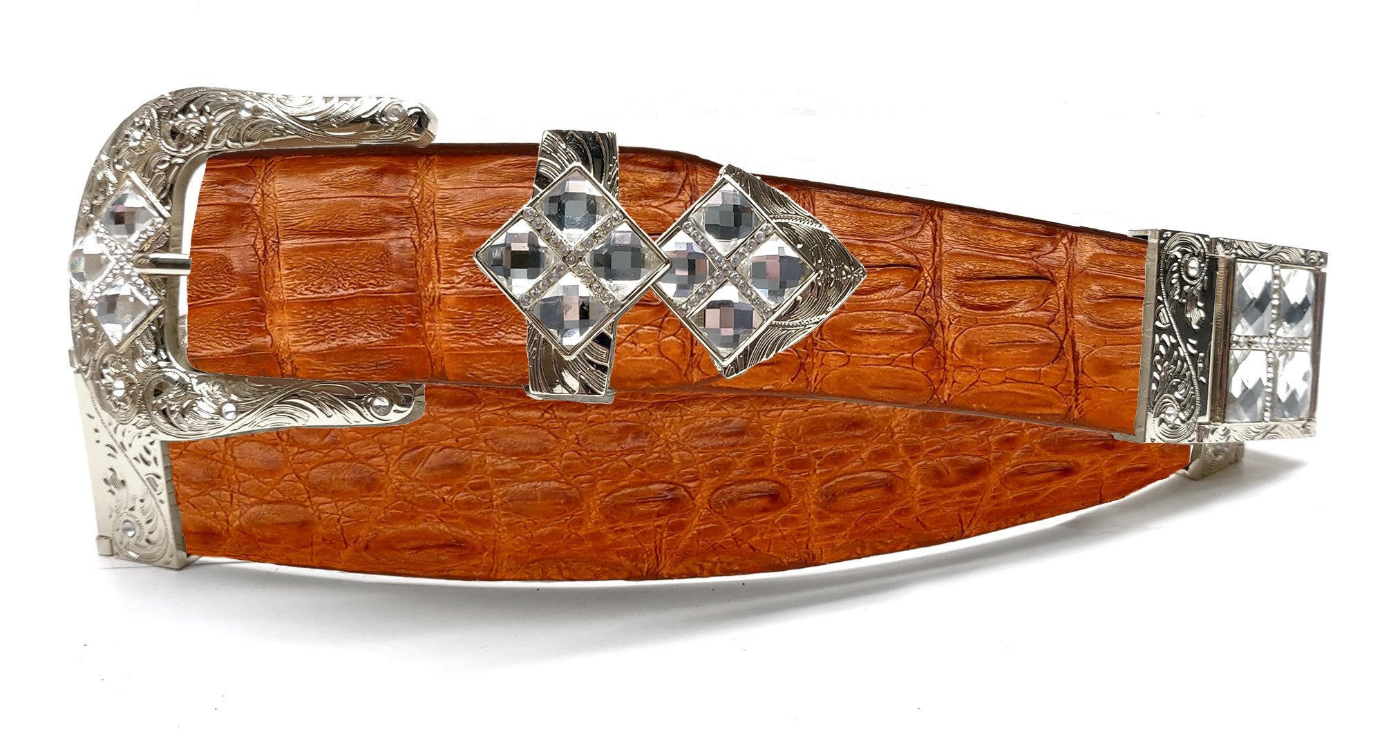 RRango Unisex Silver Tone 4 White Stones Design Caiman Hornback Custom Belt